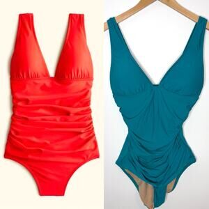 J. Crew Ruched V Neck One Piece Swimsuit In Teal Blue Green Size 8 Long Torso